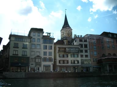 Historic buildings and church towers along the Limmat in Zurich